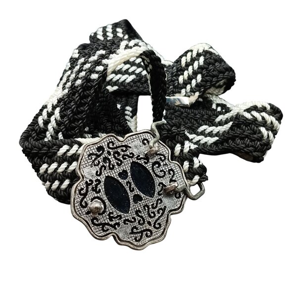 Vintage Black & White Braided Belt with Ornate Silver-Tone Buckle and Intricate - Picture 2 of 2